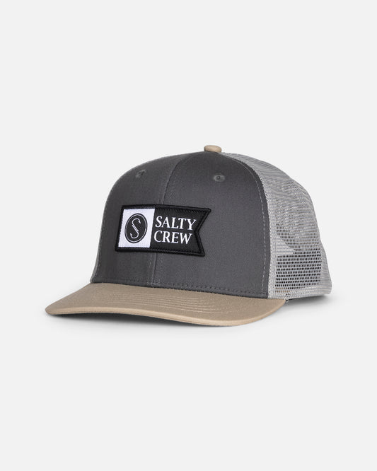 Front view of the Pinnacle Boys Retro Trucker - Grey/Tan. 