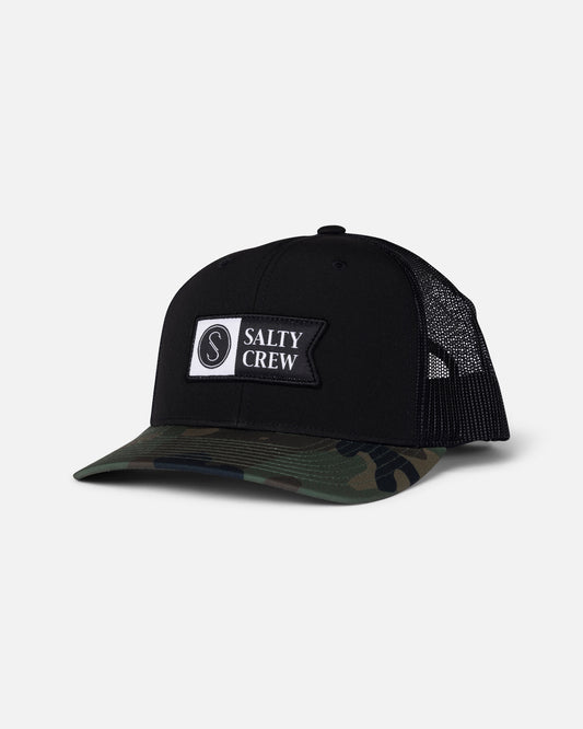 Front view of the Pinnacle 2 Retro Trucker - Camo/Black. 