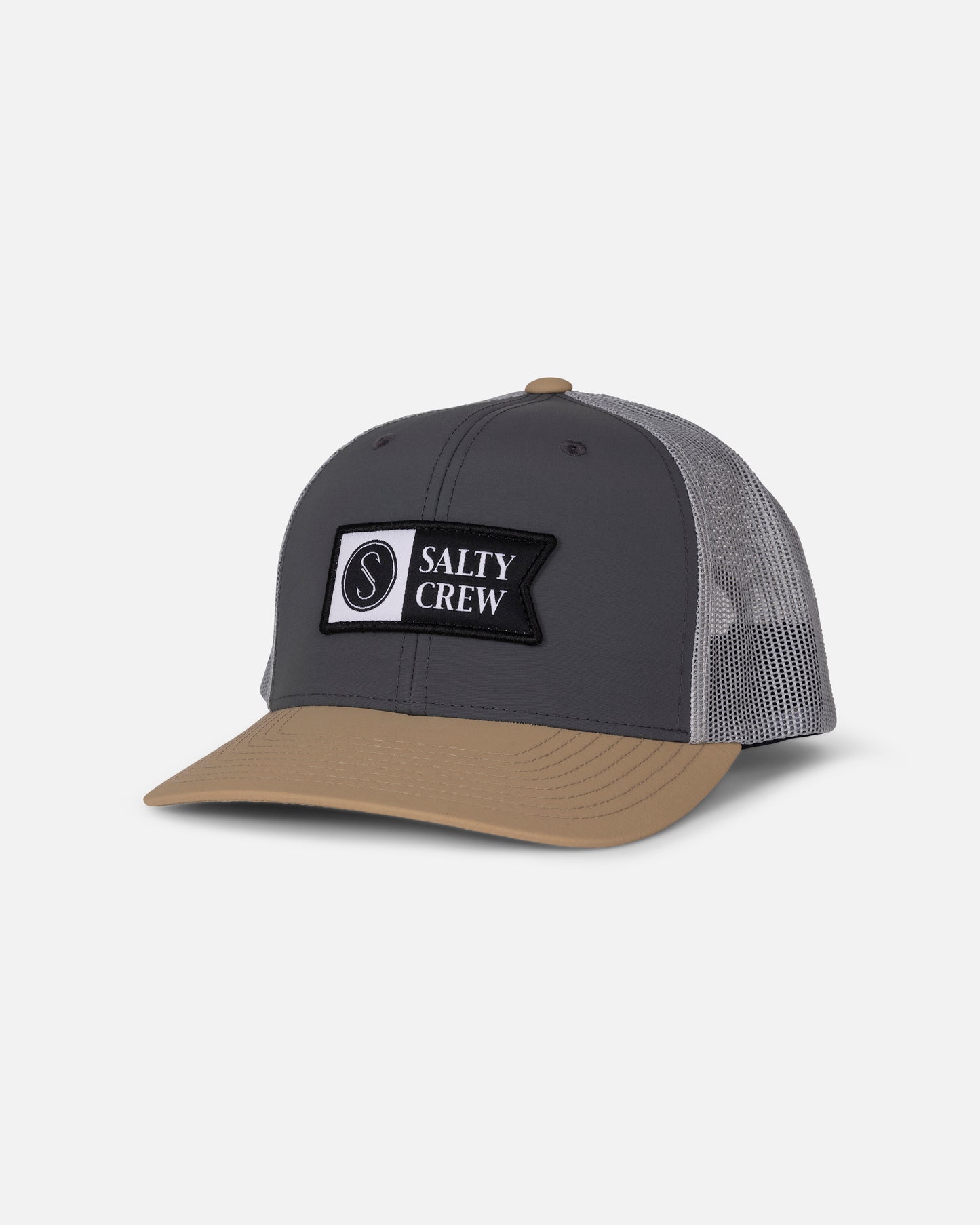 Front view of the Pinnacle 2 Retro Trucker - Grey/Tan. 