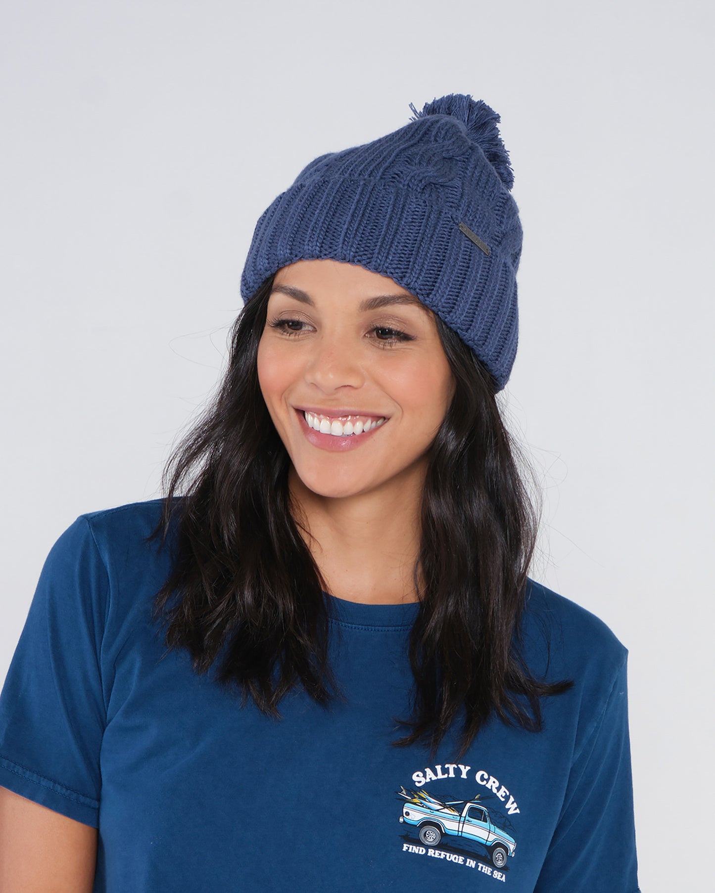 on body front view of Halyard Blue Steel Beanie