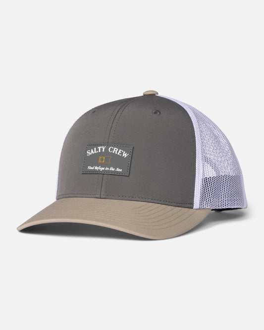 Front view of the Steadfast Retro Trucker - Grey Tan. 