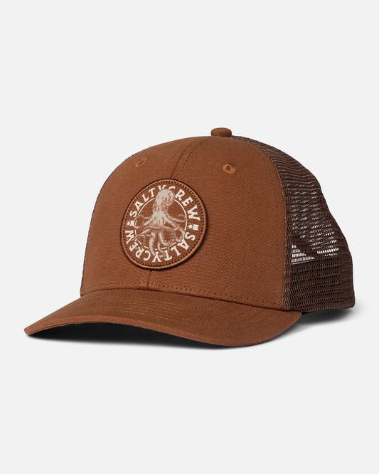 Front view of the Tentacles Boys Retro Trucker Hat - Friar Brown. 