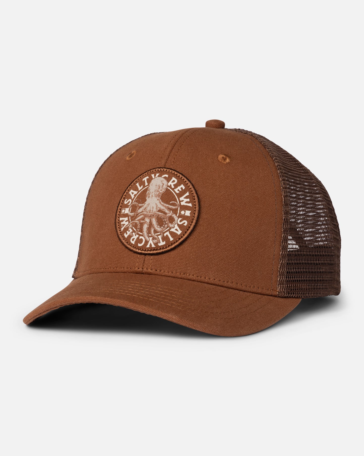Front view of the Tentacles Retro Trucker - Friar Brown. 