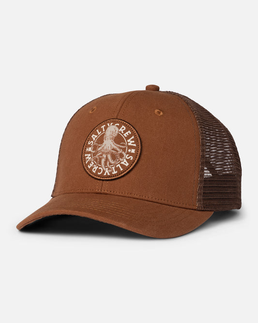 Front view of the Tentacles Retro Trucker - Friar Brown. 