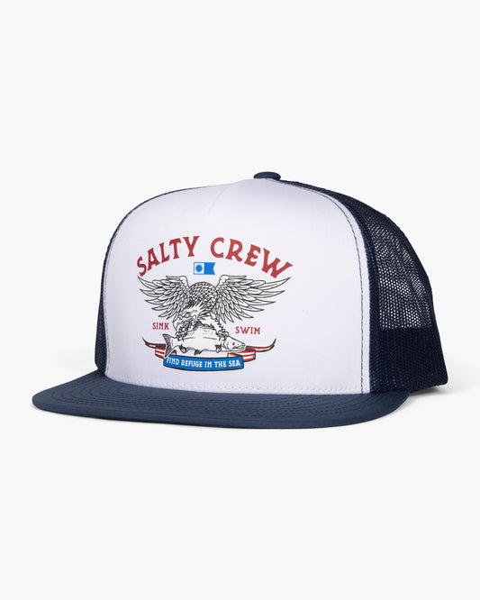 front view of Fly Over White/Navy Trucker