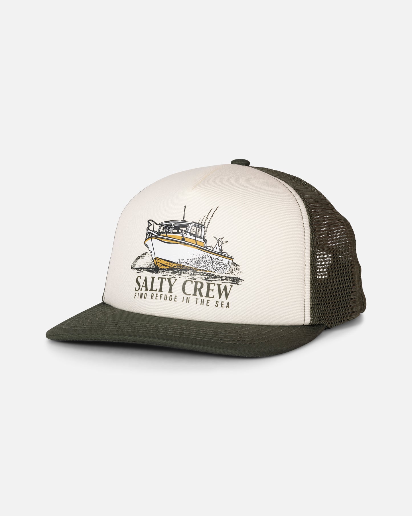 The Salty Crew Good Times Foamie Trucker in Deep Green is a structured 5 panel trucker hat with a foam-backed cotton twill front, white mesh back, and an adjustable plastic snapback closure. The front features an illustration of a fishing boat along with the words “Salty Crew Find Refuge in the Sea.”.