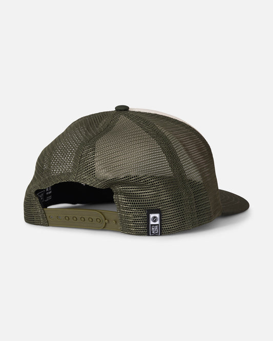 The Salty Crew Good Times Foamie Trucker in Deep Green is displayed from the back, featuring an adjustable plastic snapback closure and a small black and white logo tag near the strap. This structured 5-panel design offers both style and comfort, making it a perfect pick for everyday wear.