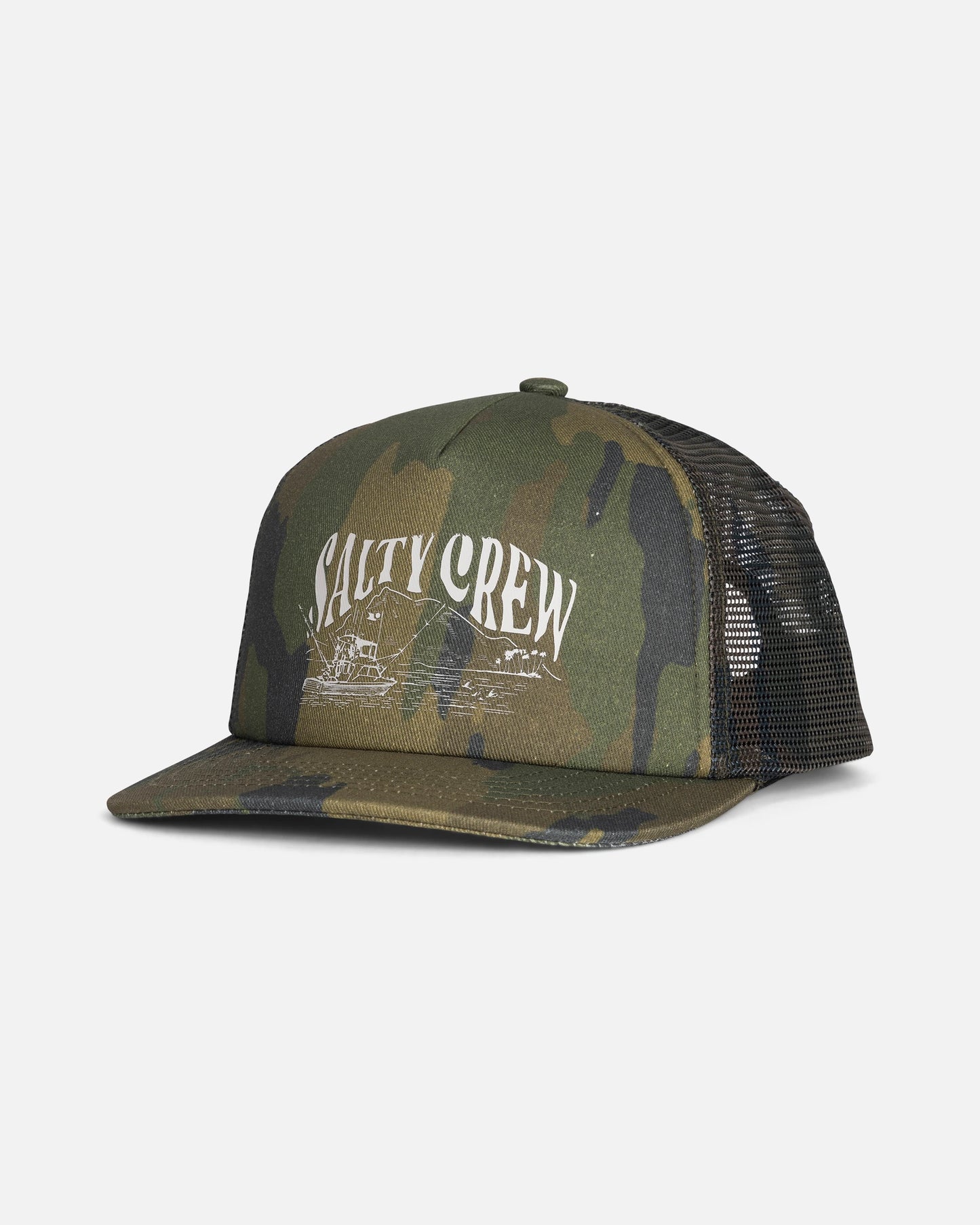 Introducing the Good Times Boys Trucker - Camo by Salty Crew: a camouflage trucker hat featuring classic screenprinted artwork with “Salty Crew” in white above a boat illustration on the front. The mesh back and snapback design ensure all-day comfort with an adjustable fit.