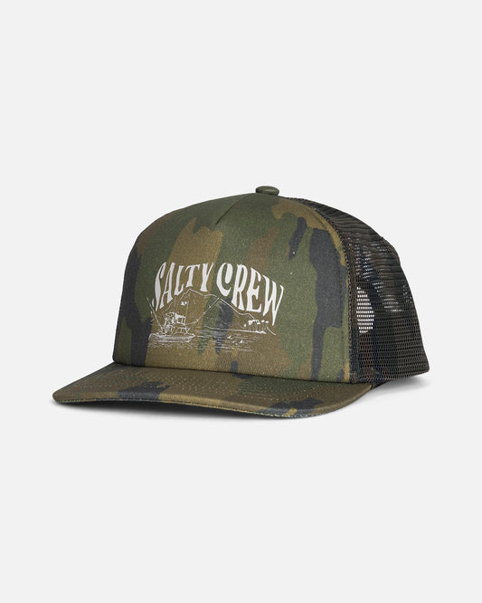 Introducing the Good Times Boys Trucker - Camo by Salty Crew: a camouflage trucker hat featuring classic screenprinted artwork with “Salty Crew” in white above a boat illustration on the front. The mesh back and snapback design ensure all-day comfort with an adjustable fit.
