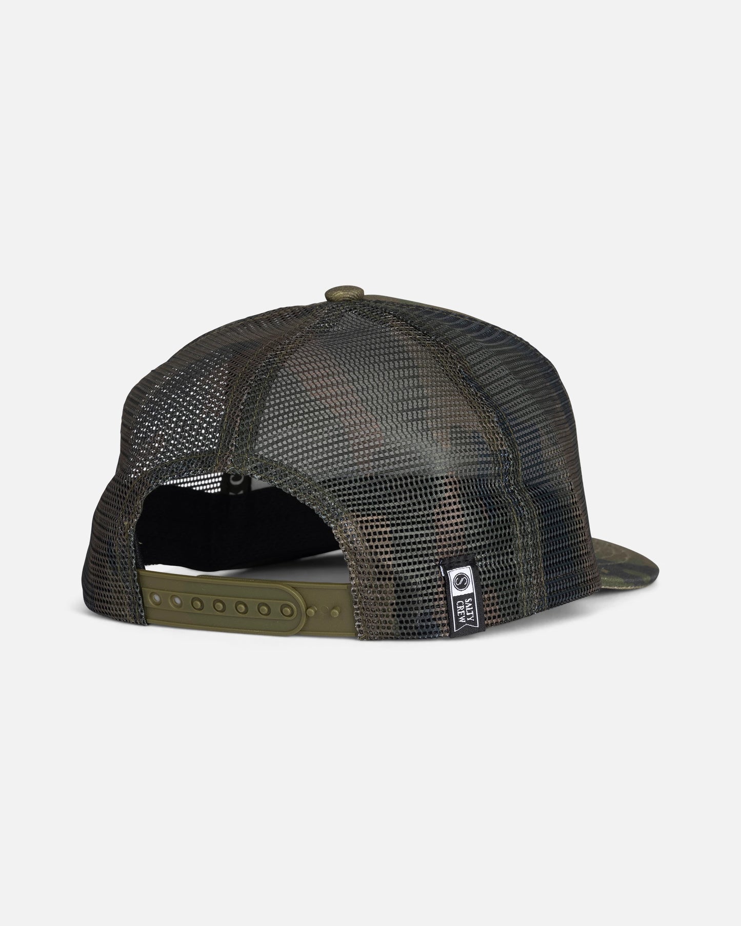 The Salty Crew Good Times Boys Trucker - Camo is a 5 panel hat with a mesh back, shown from the rear. It features an adjustable olive green snapback closure and a small black-and-white woven label on the mesh near the opening.