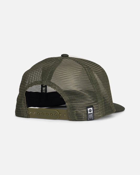 The Salty Crew Good Times Boys Trucker in Deep Green is shown from the back, highlighting its structured 5-panel design with an adjustable snapback strap and a small black-and-white woven label on the left side above the strap.