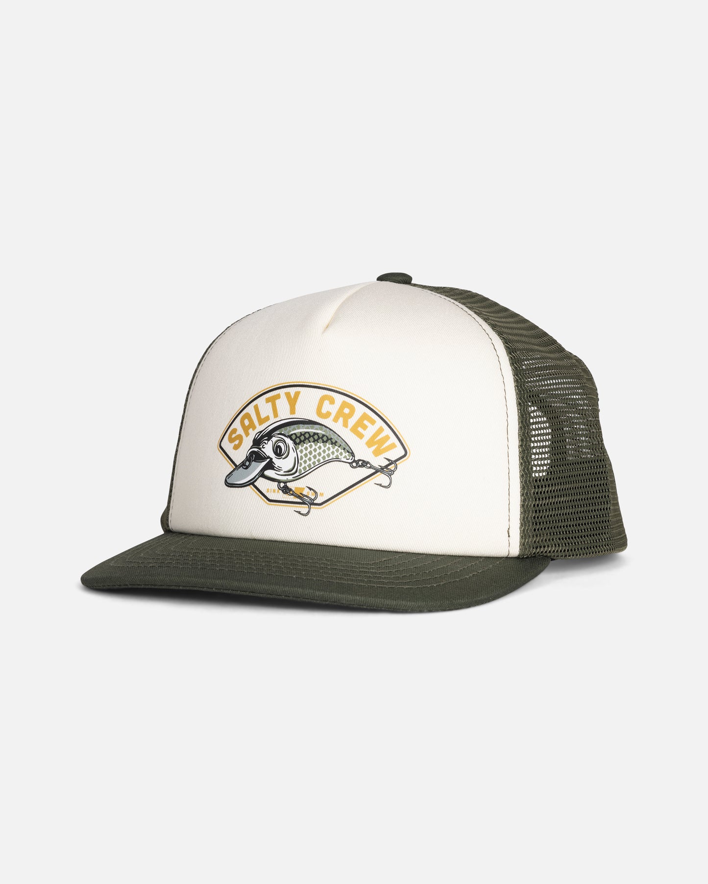 Introducing the Good Times Boys Trucker - Deep Green by Salty Crew: a green and white structured 5-panel trucker hat with a breathable mesh back. The front features a distinctive patch with a fish design and Salty Crew branding, while the adjustable snapback ensures a comfortable fit.