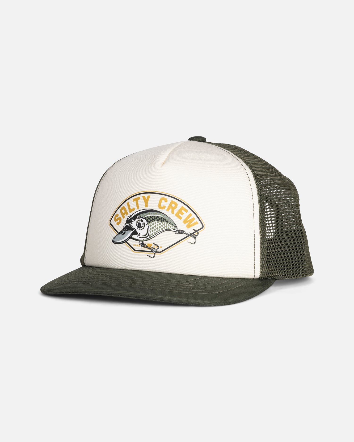 Introducing the Good Times Boys Trucker - Deep Green by Salty Crew: a green and white structured 5-panel trucker hat with a breathable mesh back. The front features a distinctive patch with a fish design and Salty Crew branding, while the adjustable snapback ensures a comfortable fit.