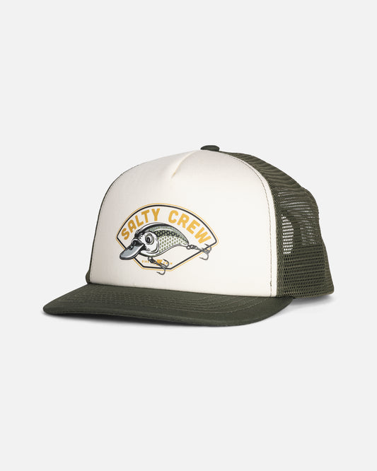 Introducing the Good Times Boys Trucker - Deep Green by Salty Crew: a green and white structured 5-panel trucker hat with a breathable mesh back. The front features a distinctive patch with a fish design and Salty Crew branding, while the adjustable snapback ensures a comfortable fit.