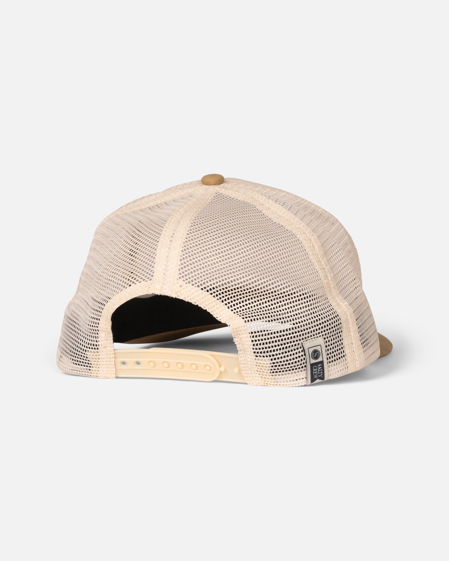 The Salty Crew Good Times Boys Trucker in Off White/Khaki features a beige mesh back, plastic adjustable snapback closure, and a black and white tag on the edge—classic retro style with modern comfort.