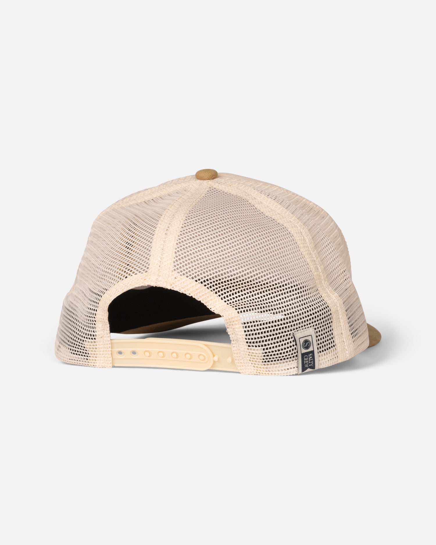 The Salty Crew Good Times Boys Trucker in Off White/Khaki features a beige mesh back, plastic adjustable snapback closure, and a black and white tag on the edge—classic retro style with modern comfort.