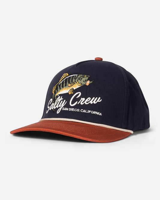 Front view of the Bareback 5 Panel Hat - Navy/Red. 