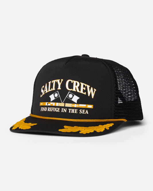 Front view of the Yacht Club Trucker - Black. 