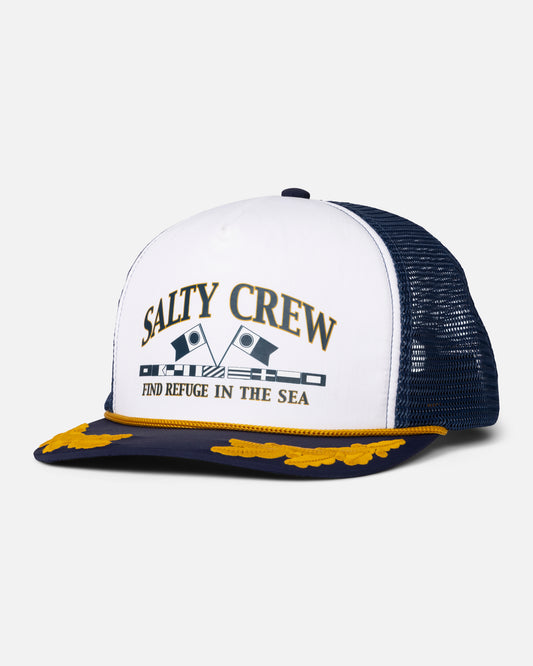 Front view of the Yacht Club Trucker - Midnight Navy. 