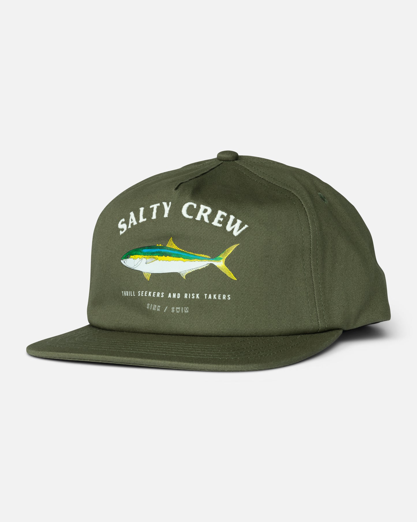 Front view of the Seawater Snapback - Olive. 