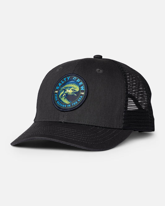 Front view of the Mahi Club Trucker Hat - Black. 