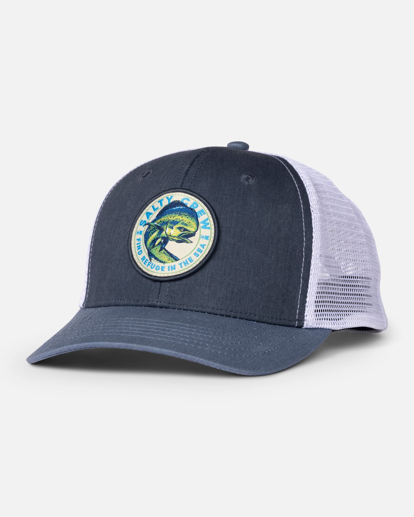 Front view of the Mahi Club Trucker Hat - Navy. 