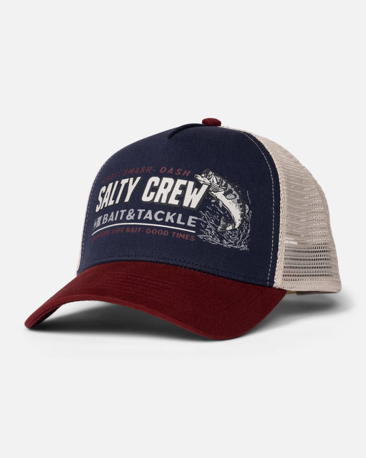 Front view of the Live Bait Trucker Hat - Navy. 