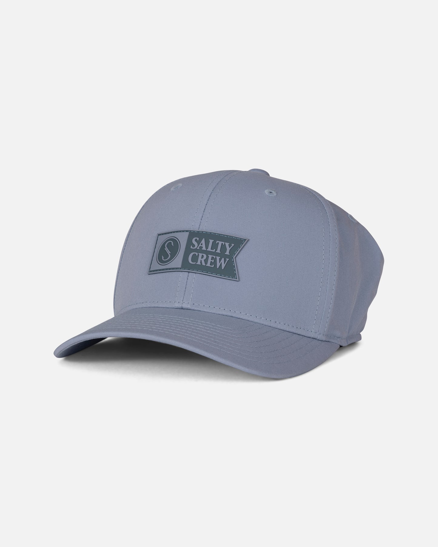 Harbor grey structured 6 panel Apex Flexfit baseball cap with a curved brim, featuring a rectangular patch on the front that reads “Salty Crew” with a circular logo to the left of the text. The fitted cap is displayed on a plain white background.