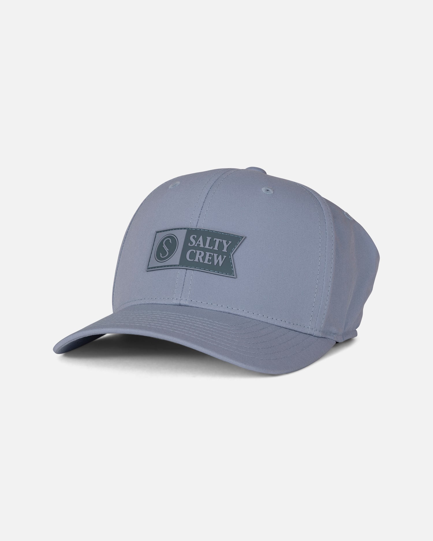 Harbor grey structured 6 panel Apex Flexfit baseball cap with a curved brim, featuring a rectangular patch on the front that reads “Salty Crew” with a circular logo to the left of the text. The fitted cap is displayed on a plain white background.