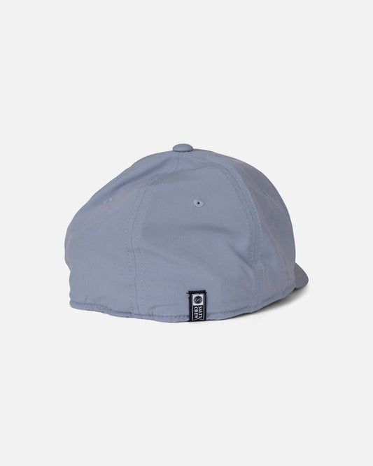 A Harbor Grey structured 6 panel Apex Flexfit baseball cap by Salty Crew, viewed from the back, featuring a small black and white rectangular tag near the bottom edge, on a plain white background.