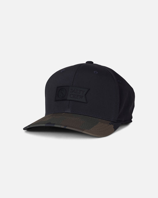 Introducing the Salty Crew Apex Flexfit 6 Panel - Ranger: a structured black baseball cap featuring a dark camouflage brim and a rectangular “Salty Crew” patch on the front. This fitted cap combines style and comfort, making it ideal for any adventure. Displayed against a plain white background.