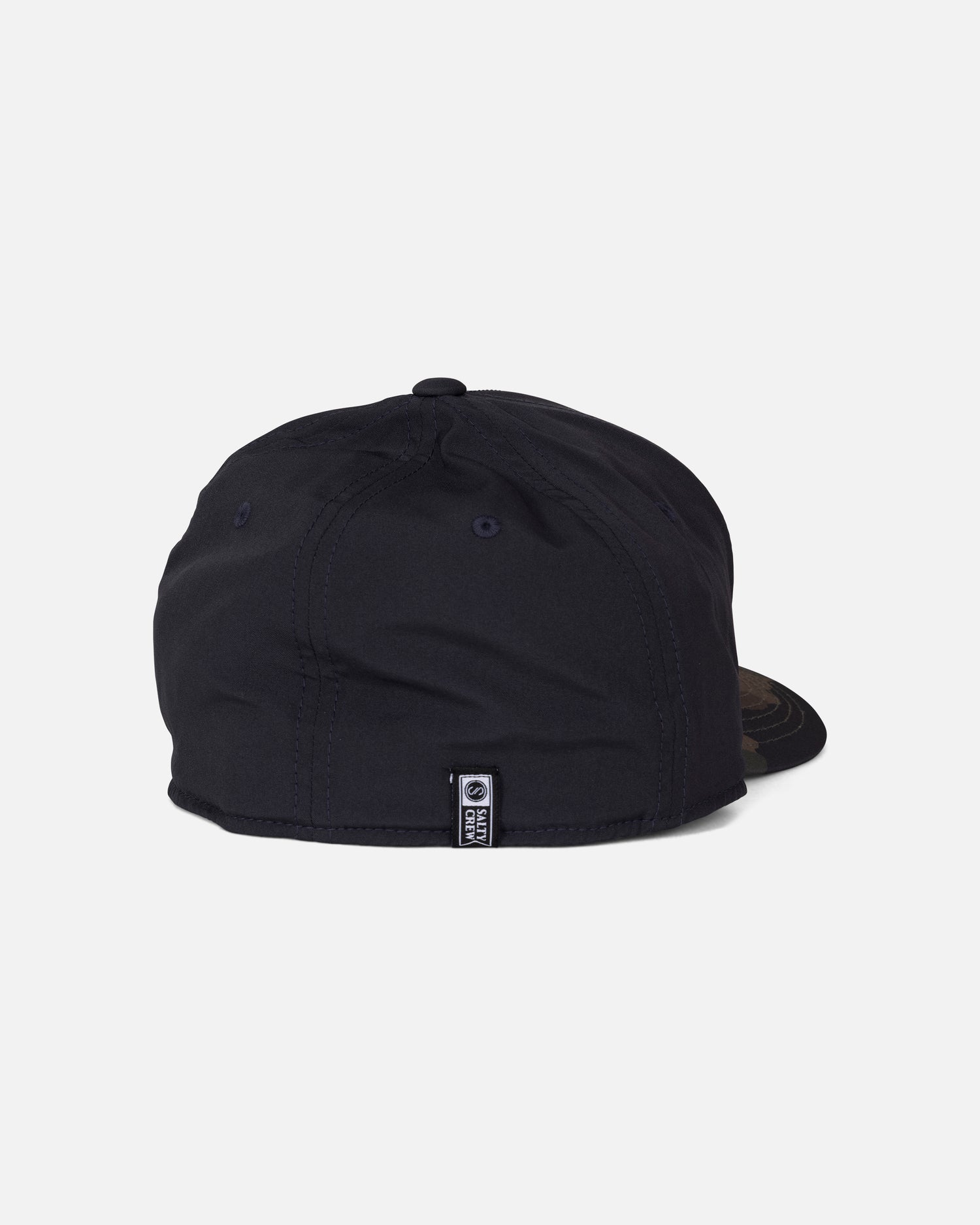 The Salty Crew Apex Flexfit 6 Panel - Ranger is a black baseball cap shown from the back, highlighting a small white and black tag near the bottom center. With visible stitching and an unstructured, relaxed fit, this cap provides a laid-back alternative to traditional structured or fitted styles.