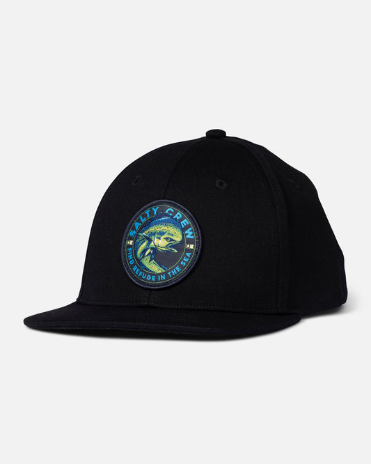 Front view of the Mahi Club Boys Snapback  - Black. 