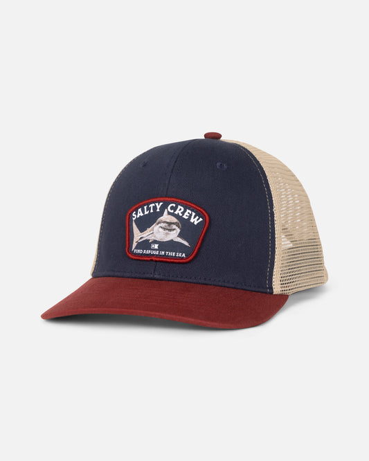 Front view of the Lurking Boys Trucker - Navy/Red. 