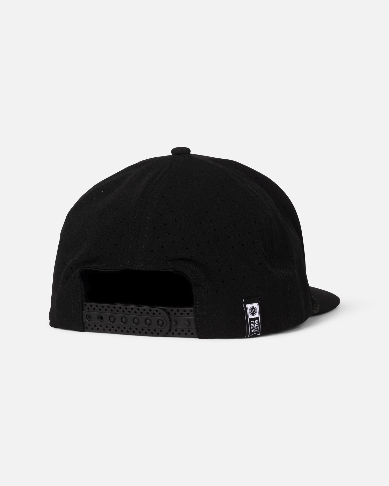 The Salty Crew Long Range Tech Snapback - Black features laser-cut panels for breathability, an adjustable plastic snap strap, and a small rectangular label near the back.