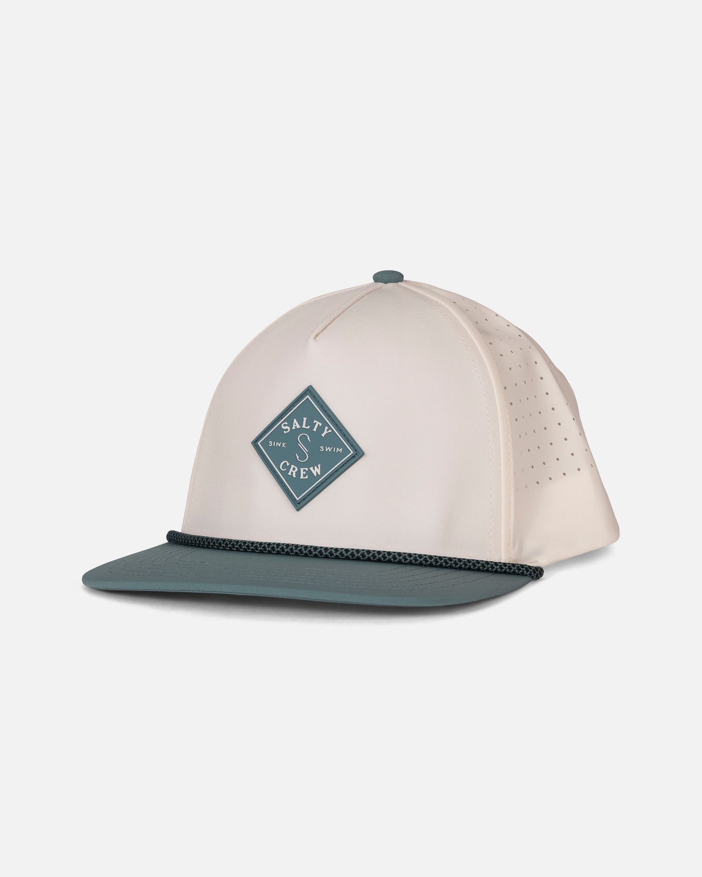The Salty Crew Long Range Snapback - Off White/Ocean is a two-tone, water-resistant polyester cap featuring an off-white crown and green visor. It is designed with structured construction, perforated side panels, a decorative braided rope above the visor, and showcases the classic Salty Crew diamond-shaped logo patch on the front.