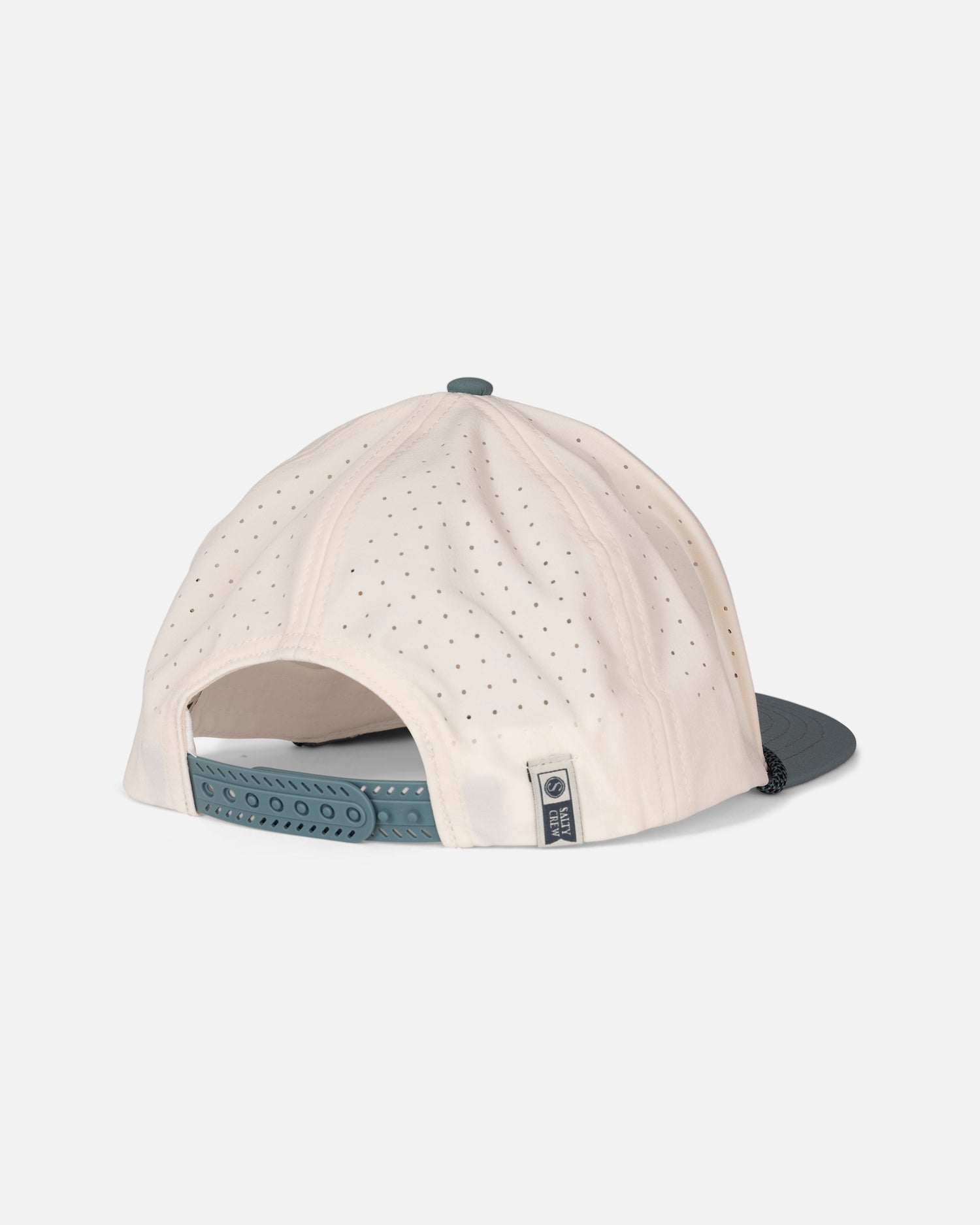 Rear view of the Salty Crew Long Range Snapback in Off White/Ocean. This structured cap is crafted from light cream-colored perforated polyester and features a dark grey brim, a matching dark grey snapback closure, and a small Salty Crew brand tag on the back panel. The background is solid light grey.