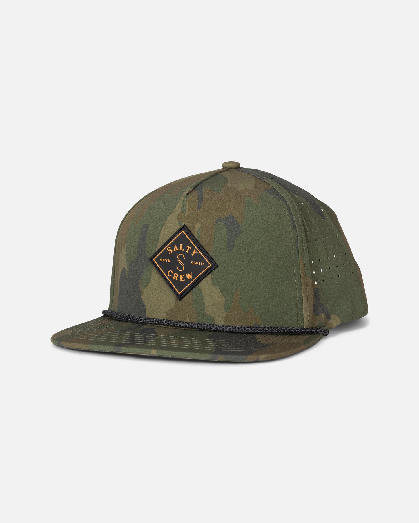Introducing the Salty Crew Long Range Snapback - Ranger: a structured 5-panel green camouflage cap with a black rope detail above the brim and a diamond-shaped Salty Crew patch on the front.