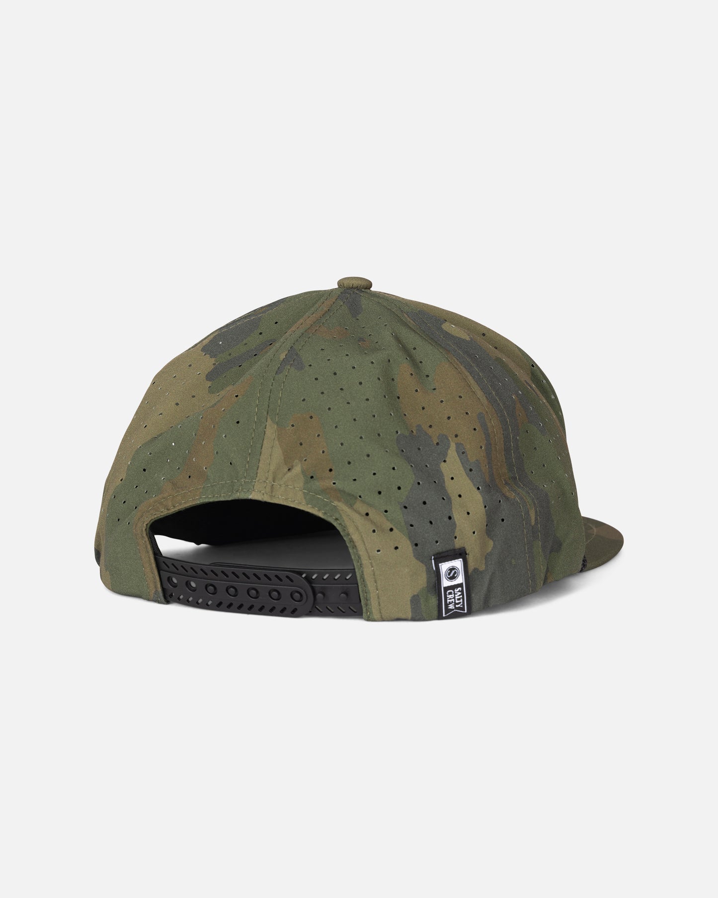 Introducing the Salty Crew Long Range Snapback - Ranger: a camouflage-patterned, structured 5-panel baseball cap displayed from the back. It features a black adjustable snapback strap and a small black-and-white Salty Crew tag on the side, blending style, comfort, and durability.
