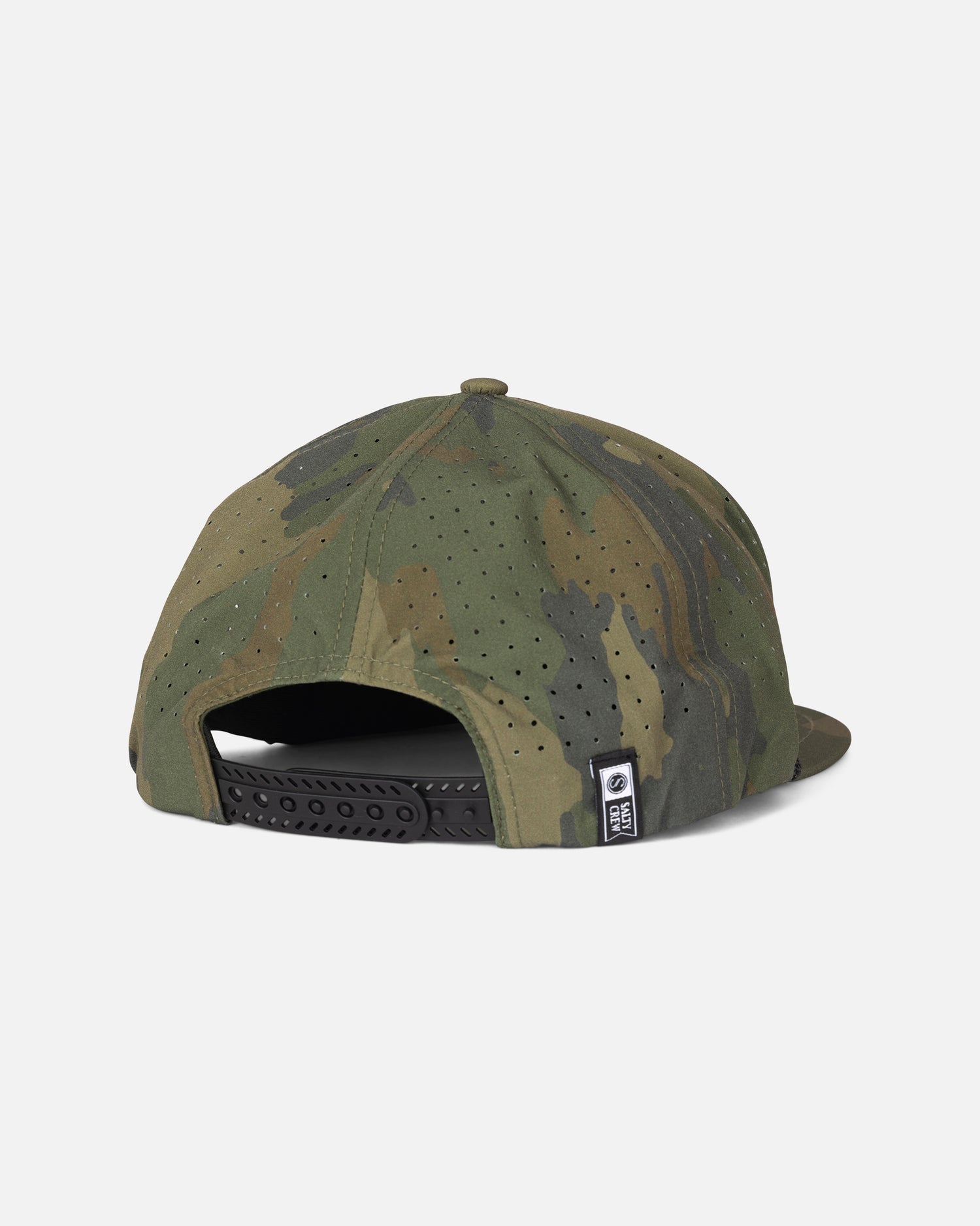 Introducing the Salty Crew Long Range Snapback - Ranger: a camouflage-patterned, structured 5-panel baseball cap displayed from the back. It features a black adjustable snapback strap and a small black-and-white Salty Crew tag on the side, blending style, comfort, and durability.