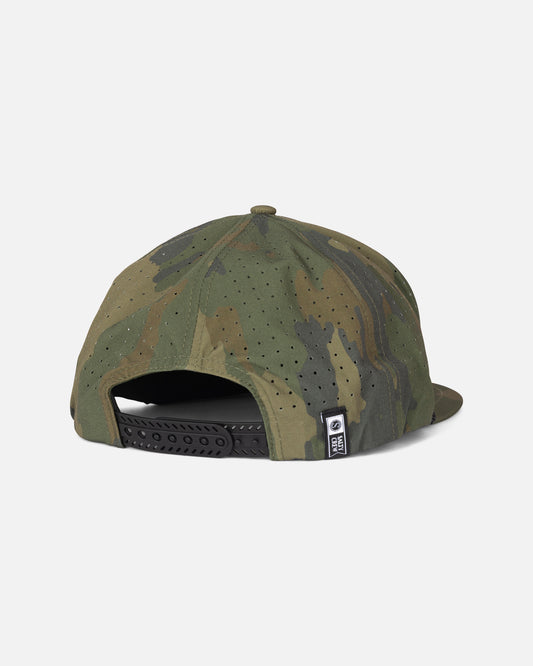 Introducing the Salty Crew Long Range Snapback - Ranger: a camouflage-patterned, structured 5-panel baseball cap displayed from the back. It features a black adjustable snapback strap and a small black-and-white Salty Crew tag on the side, blending style, comfort, and durability.