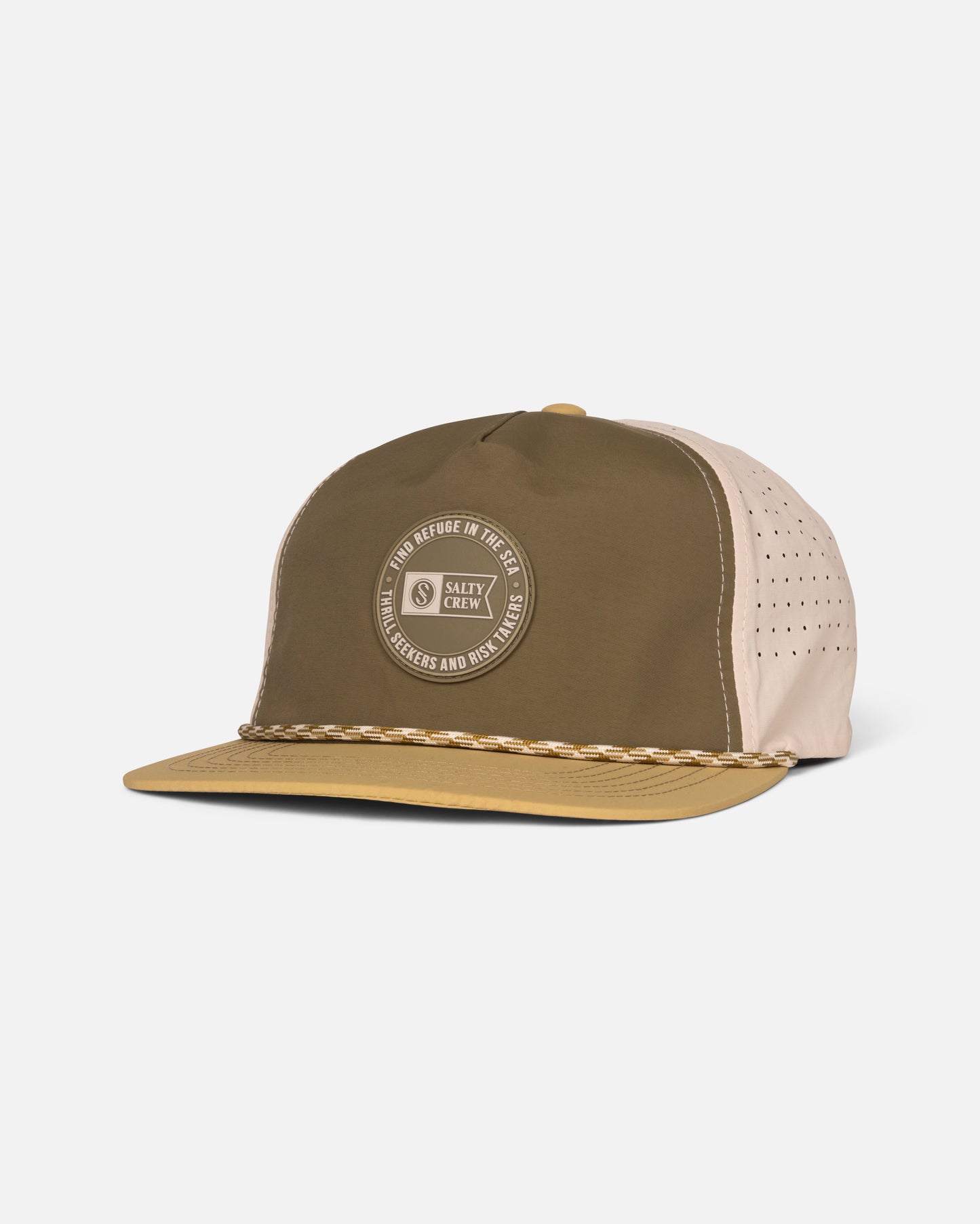 Front view of the Topshot Snapback - Olive/Gold. 