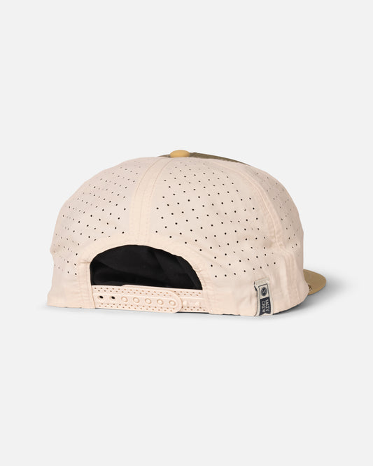 The Salty Crew Topshot Tech Snapback in Olive/Gold is a 5-panel cap with laser-cut panels for breathability, an adjustable snapback strap, a stitched label near the opening, and a partially visible brim—shown from the back.