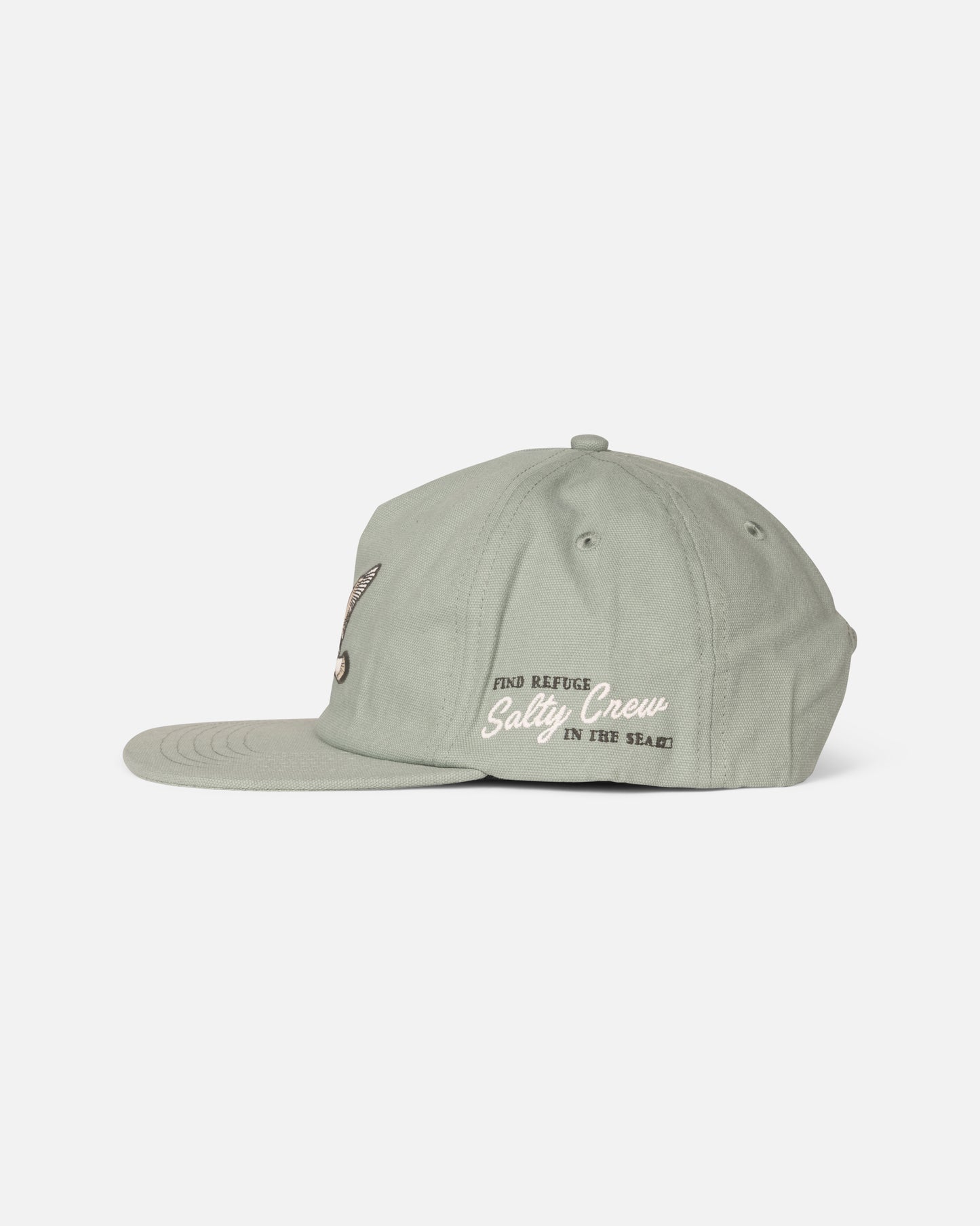 The Salty Crew Coastal Boys Snapback - Marine is a light green, 5-panel cotton canvas cap with a flat brim and "Find Refuge in the Sea" embroidered in white on the side.