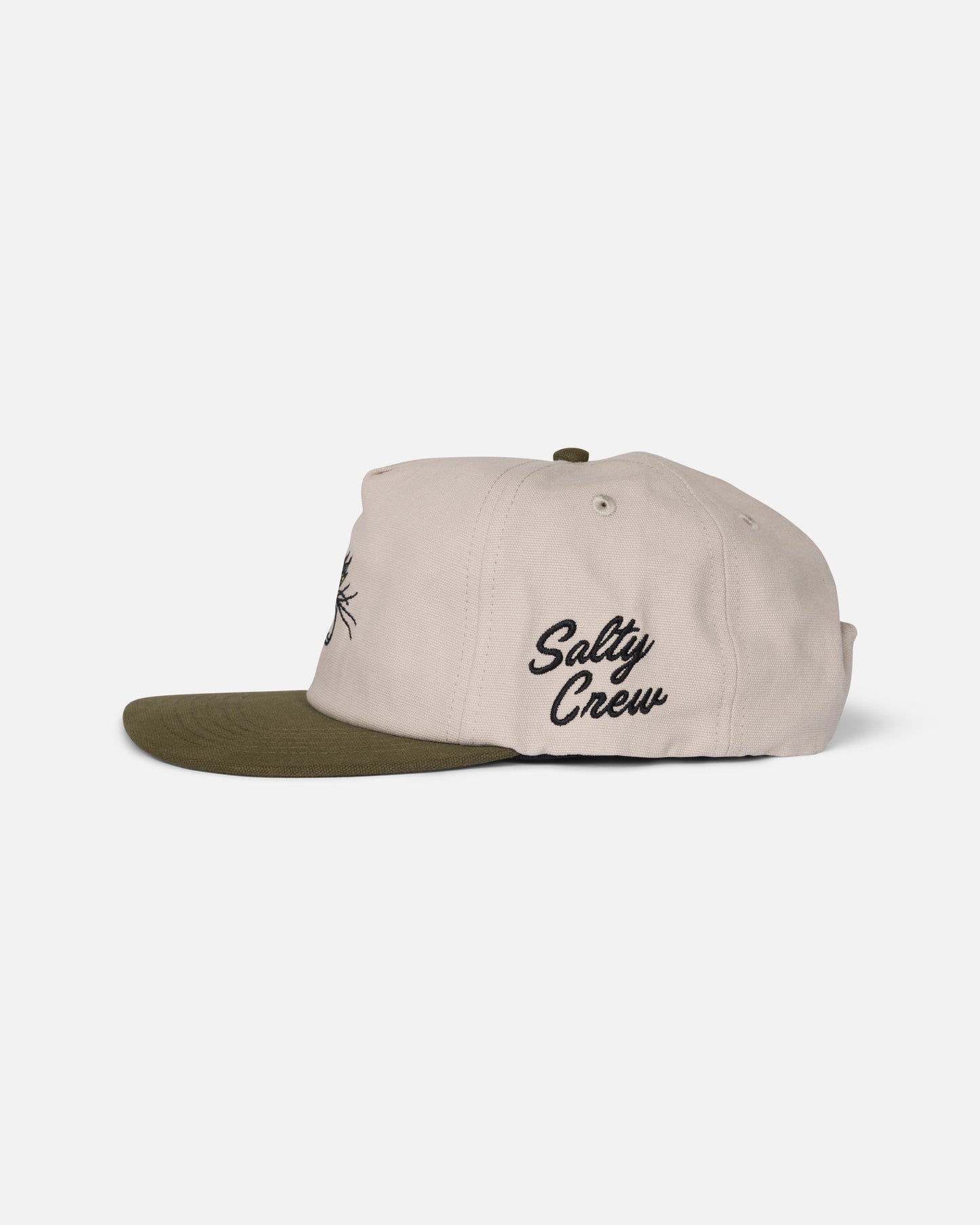 Profile view of the Coastal Snapback - Birch Olive. 