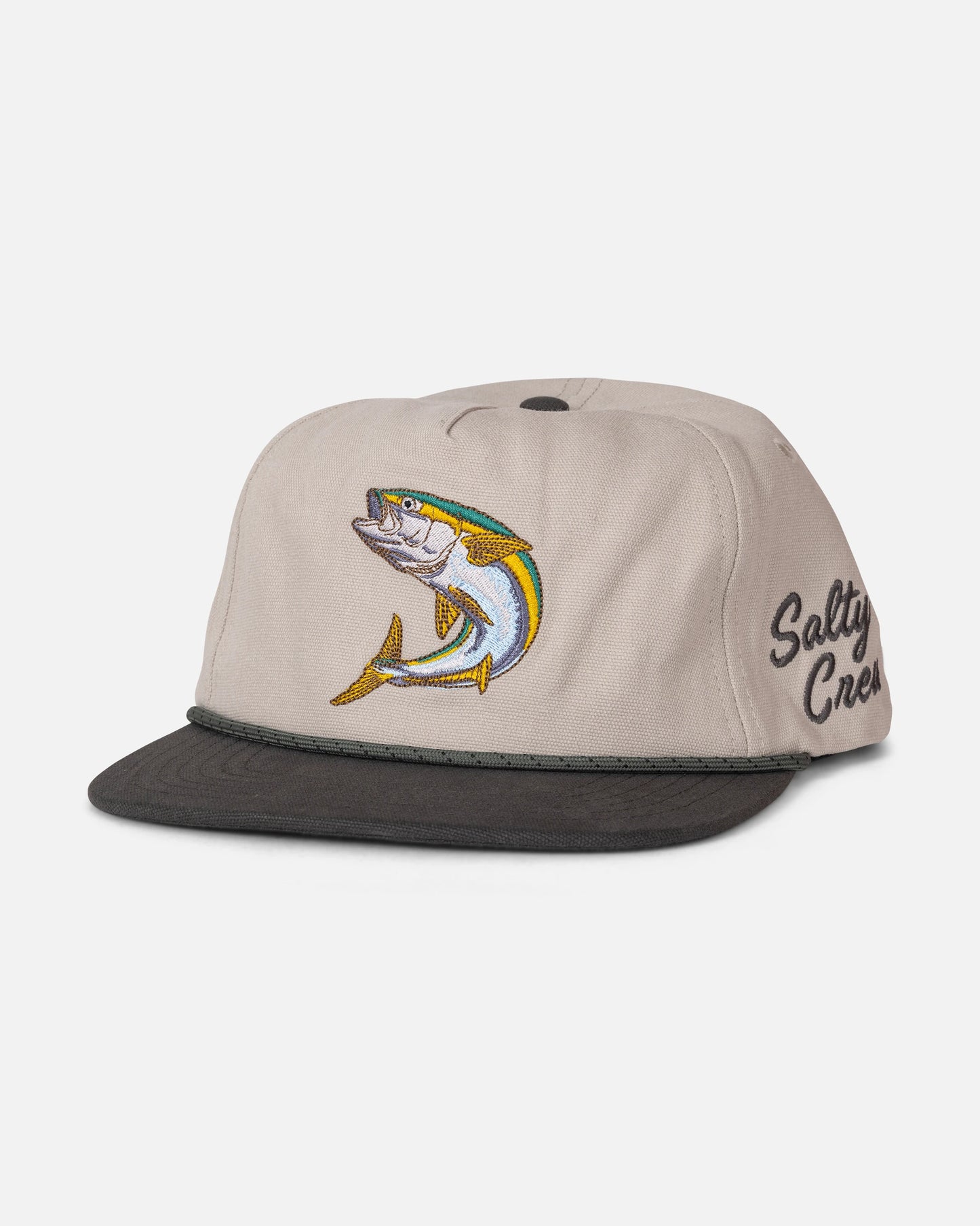The Coastal Snapback - Grey/Tan by Salty Crew is a mid crown, cotton 5 panel hat featuring a dark brim and a braided cord detail. An embroidered yellowfin tuna decorates the front, while the side displays the Salty Crew logo in dark script, combining classic style with versatile snapback functionality.