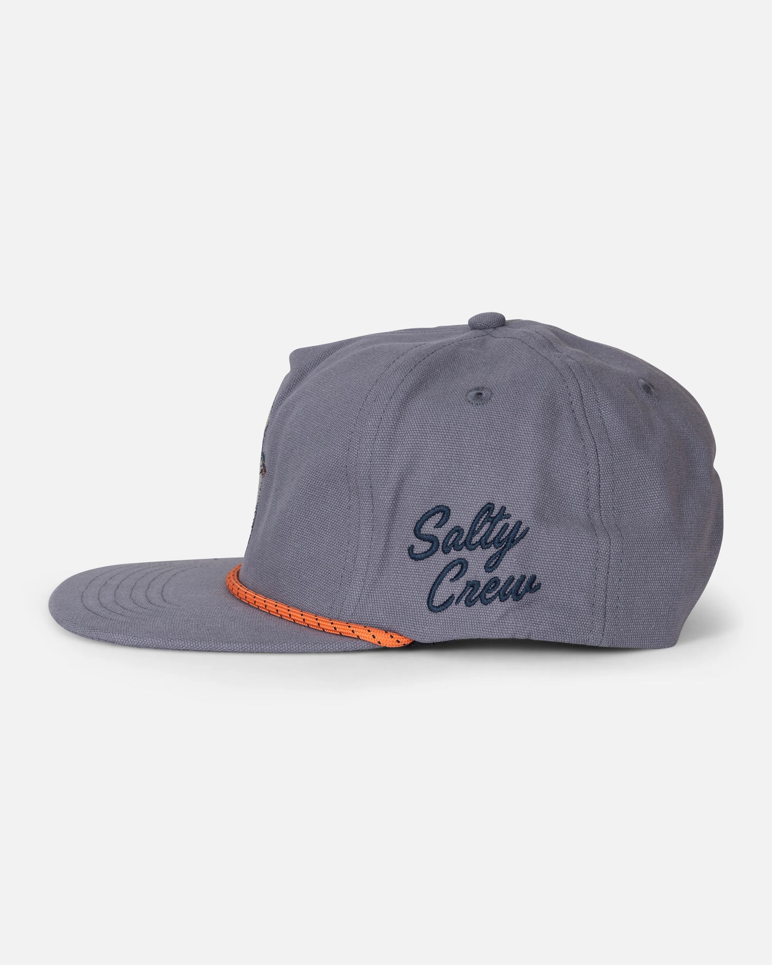 The Coastal Snapback - Hitch Blue by Salty Crew is a cotton canvas 5-panel cap in gray, featuring navy blue Salty Crew embroidery on the side and an orange rope detail above the brim, displayed on a white background.