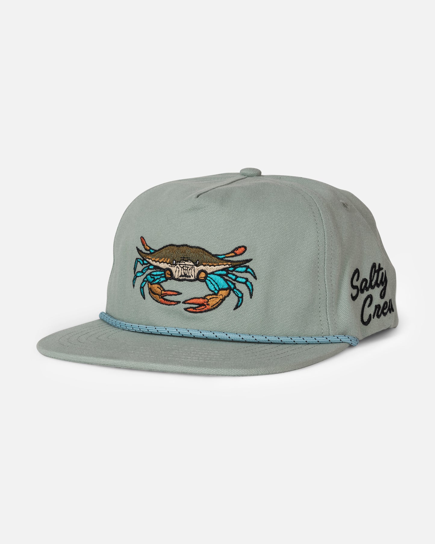 The Salty Crew Coastal Snapback - Iceberg is a light gray 5-panel hat made from durable cotton canvas, highlighted by an embroidered blue crab on the front and “Salty Crew” stitched in black on the side. The brim features a blue rope detail, and an adjustable snapback ensures a comfortable fit.