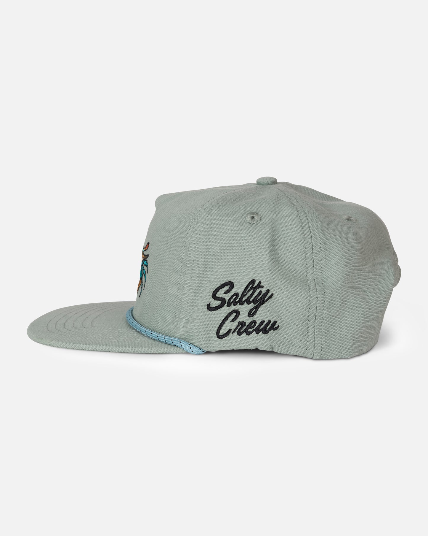 The Salty Crew Coastal Snapback - Iceberg is a light gray 5-panel hat with a flat brim, crafted from durable cotton canvas. It features black embroidered Salty Crew text on the side and a stitched blue detail along the brim, and is displayed against a plain white background.