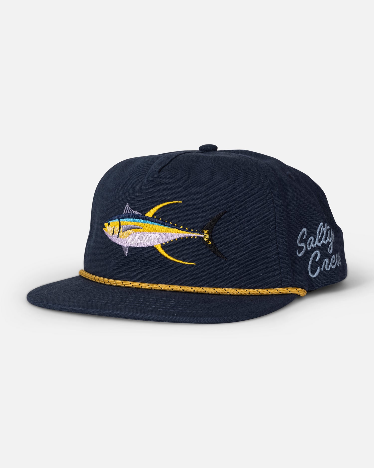 The Salty Crew Coastal Snapback - Navy is a navy blue cotton 5-panel snapback hat featuring an embroidered yellowfin tuna on the front, a yellow rope across the brim, and “Salty Crew” stitched in white on the side.